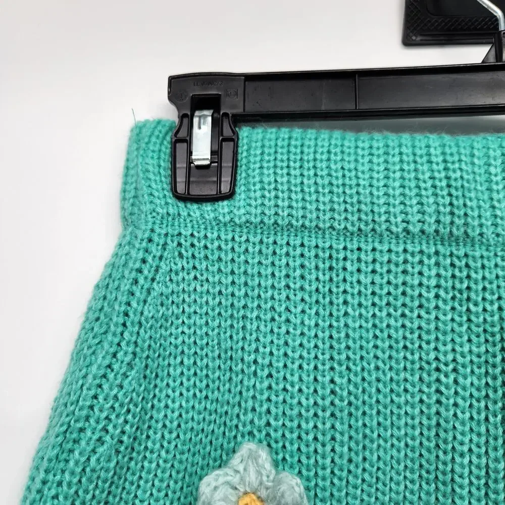 BaeVely‎ Teal Knit Crochet Flower Applique Preppy Boho Mini Skirt Women's L